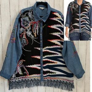 New John Mark Clipped Jacquard Fringe Embroidered Chambray Boho Top Roll-Tab 2X